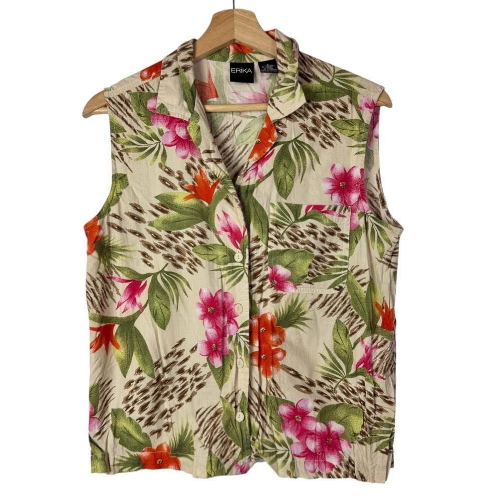 Erika Beige‎ Tropical Pink & Green Floral Button Down Tank Top S